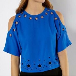 Karen Millen blue cold shoulder eyelet top